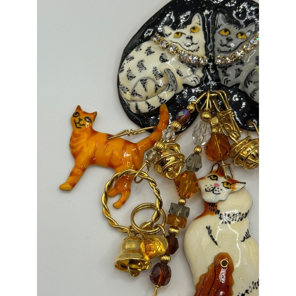 Lunch At The Ritz Cat Rhinestone Enamel Dangle Brooch - Picture 6 of 13